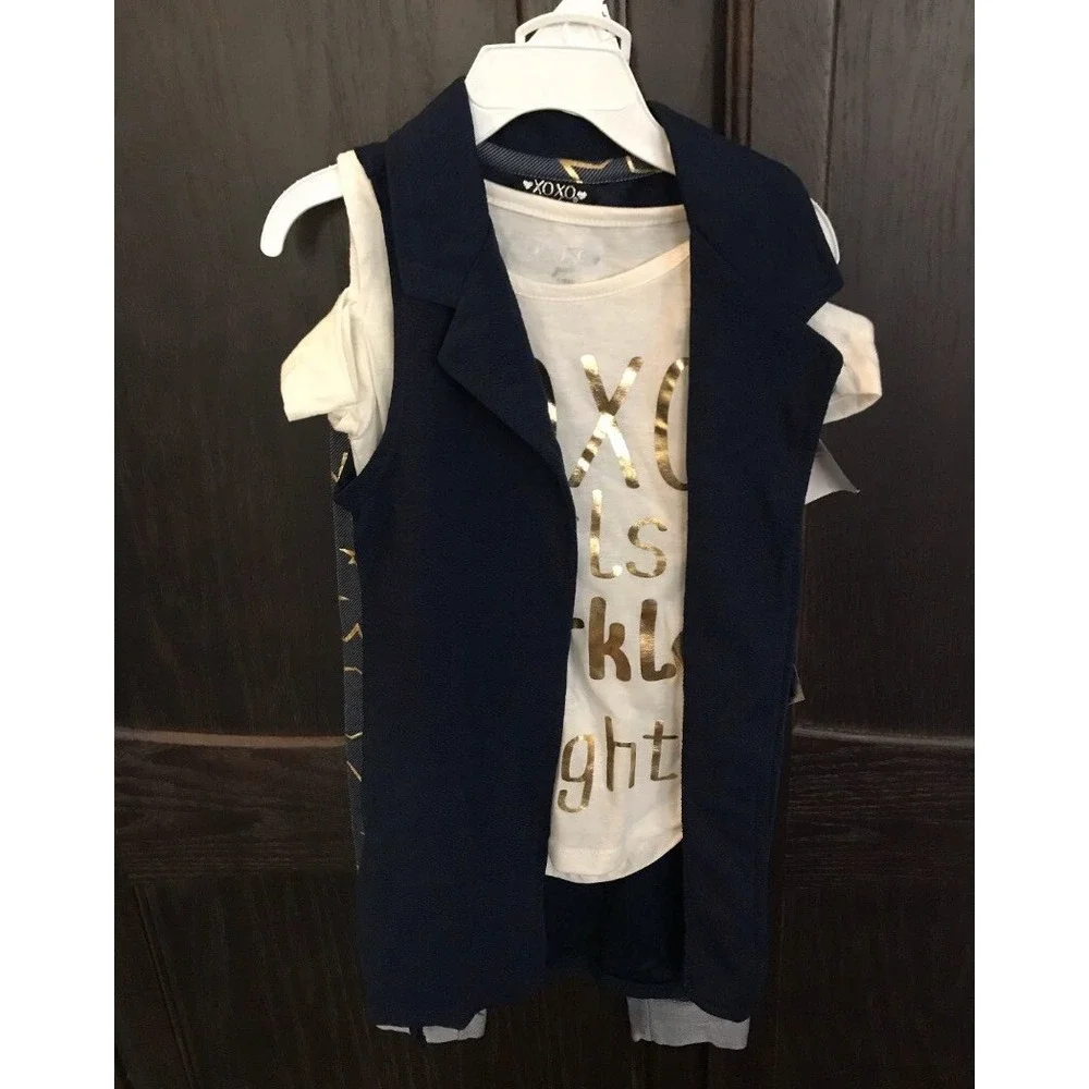 XOXO Girls 3 Piece Set New with Tags Vest Leggings Top 6X Navy Gold Denim Cream